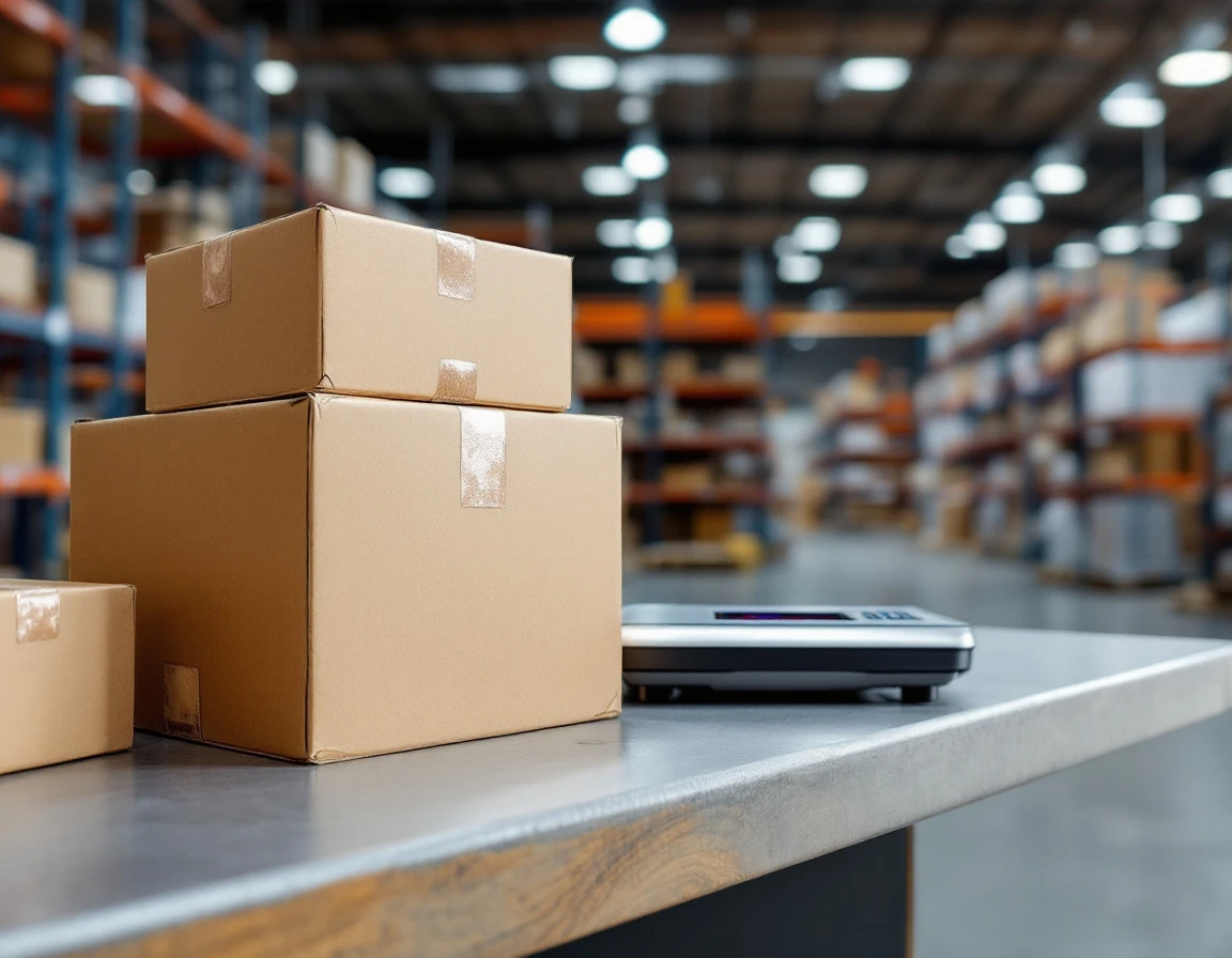 Cardboard boxes stacked on a digital shipping scale in a warehouse fulfillment center