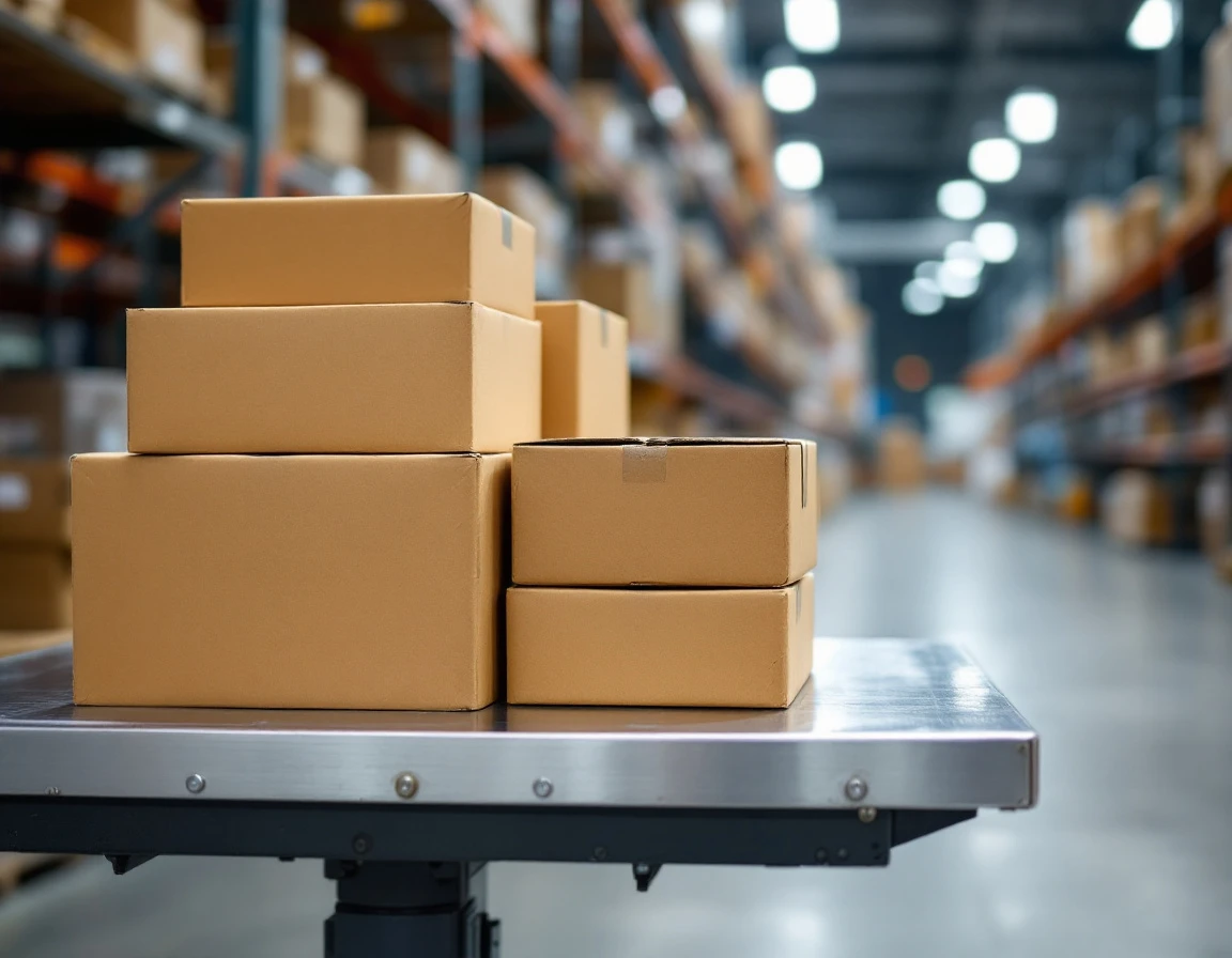 Cardboard shipping boxes stacked on industrial warehouse scale for package weighing and rate calculation