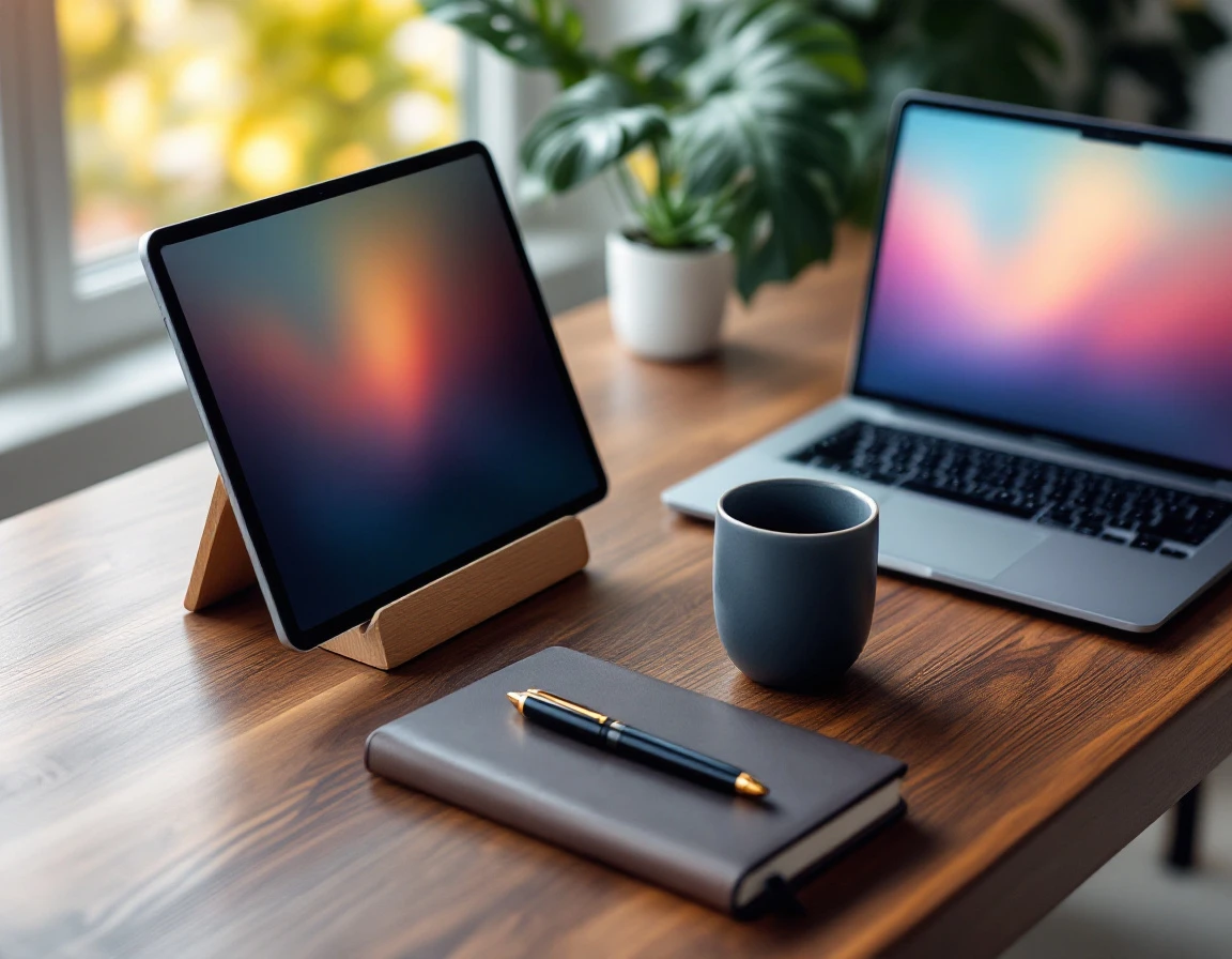 Clean minimalist workspace with tablet and laptop on wooden desk with natural window lighting and plants