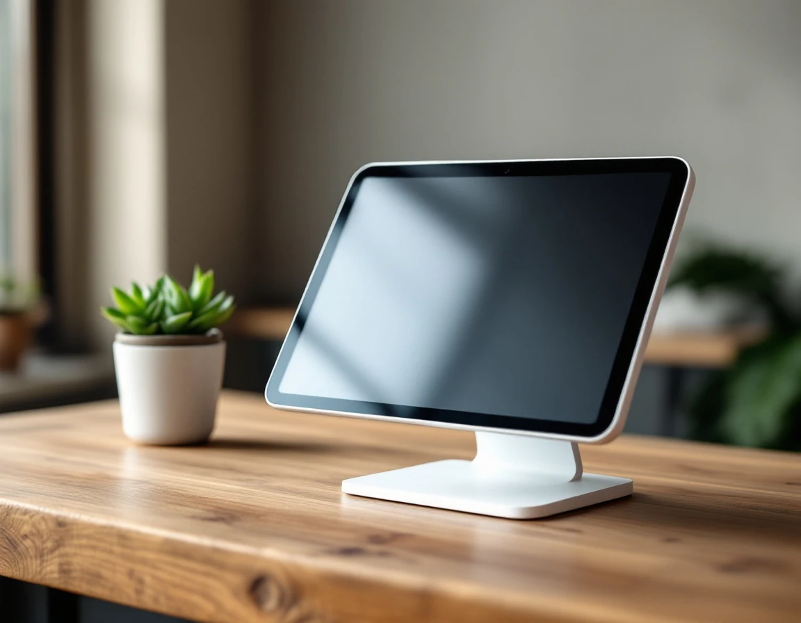 Point-of-sale tablet on wooden counter with natural lighting in minimal small business workspace
