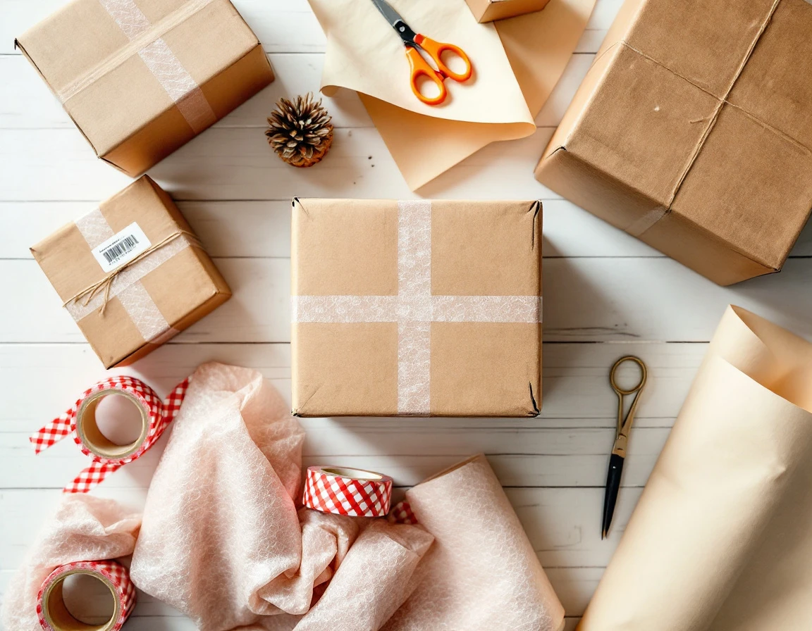 Top-down view of cardboard shipping boxes, packing tape, bubble wrap, and supplies for holiday mailing preparation