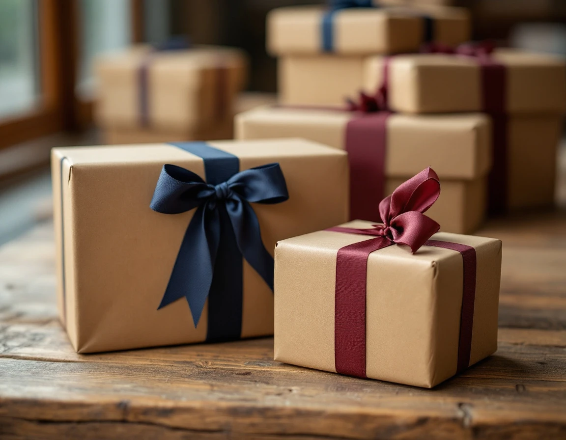 Kraft paper packages with ribbon bows on wooden counter ready for holiday shipping deadline