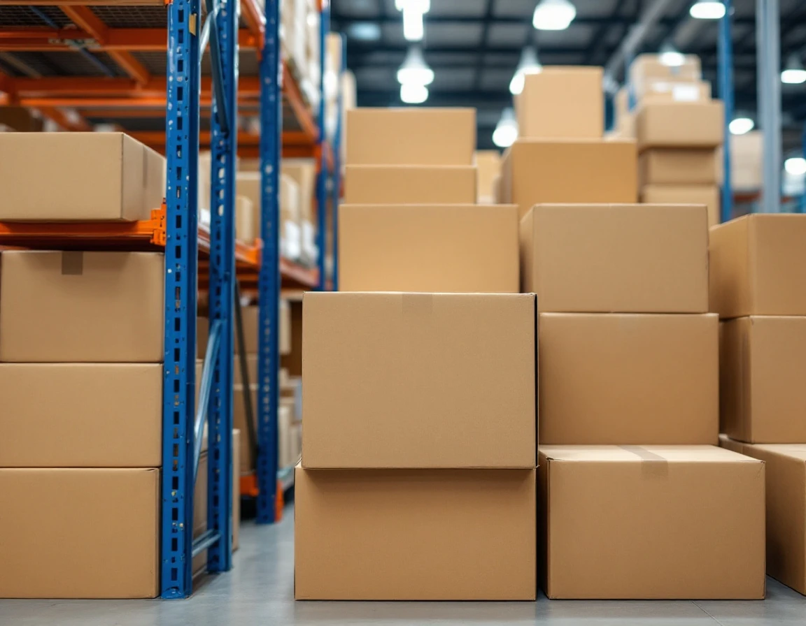Plain cardboard boxes stacked on blue metal shelving in a distribution center warehouse