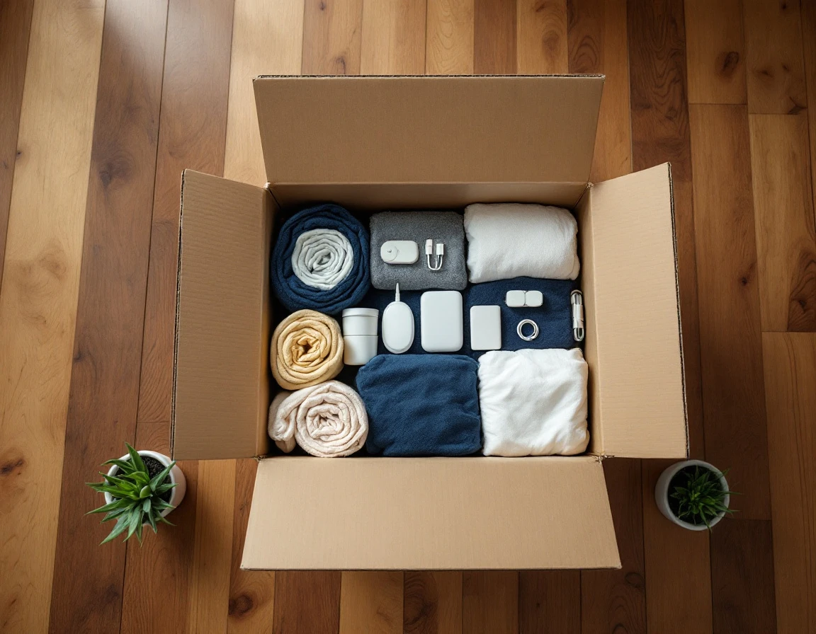 Overhead view of organized dorm supplies packed in cardboard box with toiletries, towels, and bedding