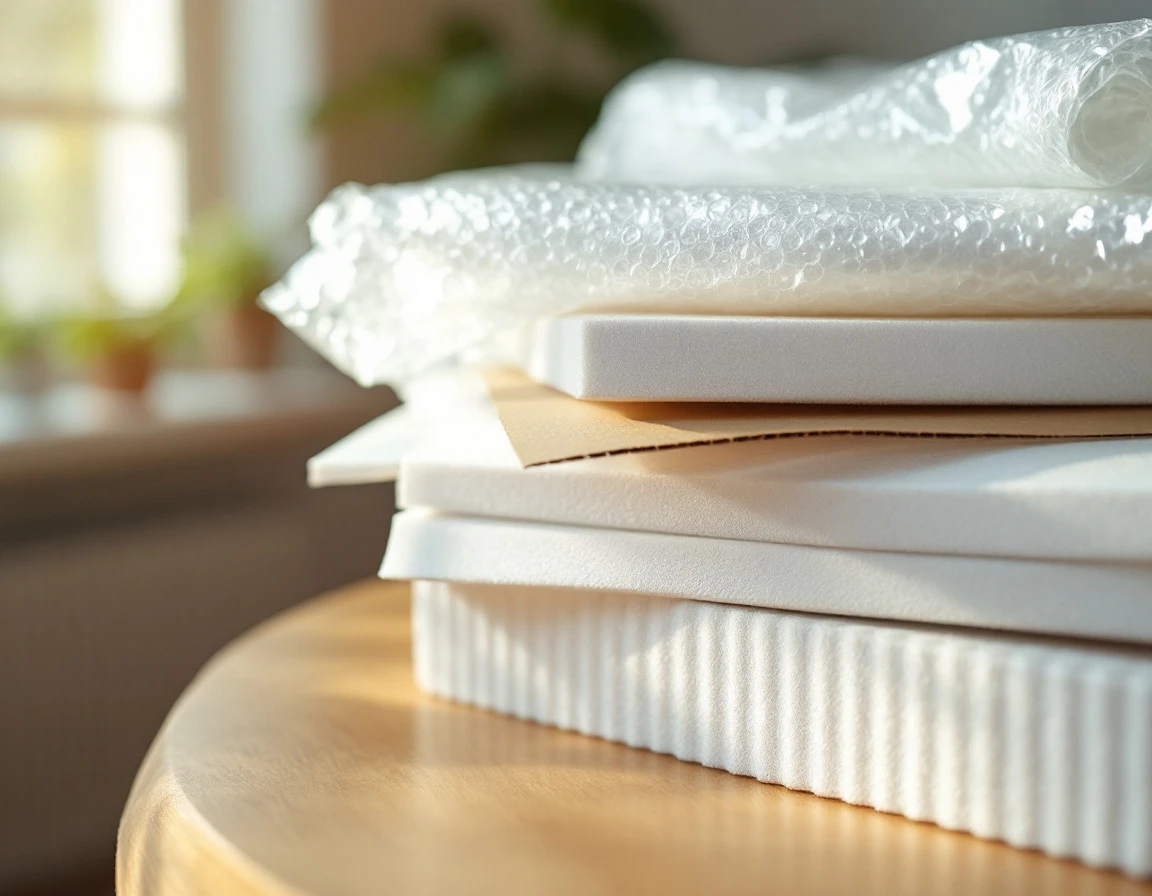 Layered protective packing materials including bubble wrap, packing paper, foam protectors, and cardboard dividers