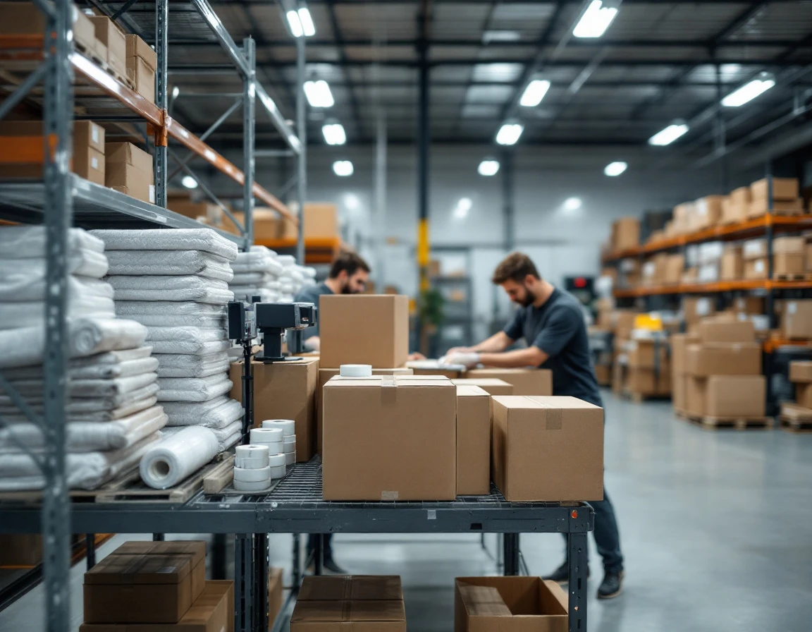 Pack-and-ship facility interior with employees working at organized packing stations surrounded by shipping materials