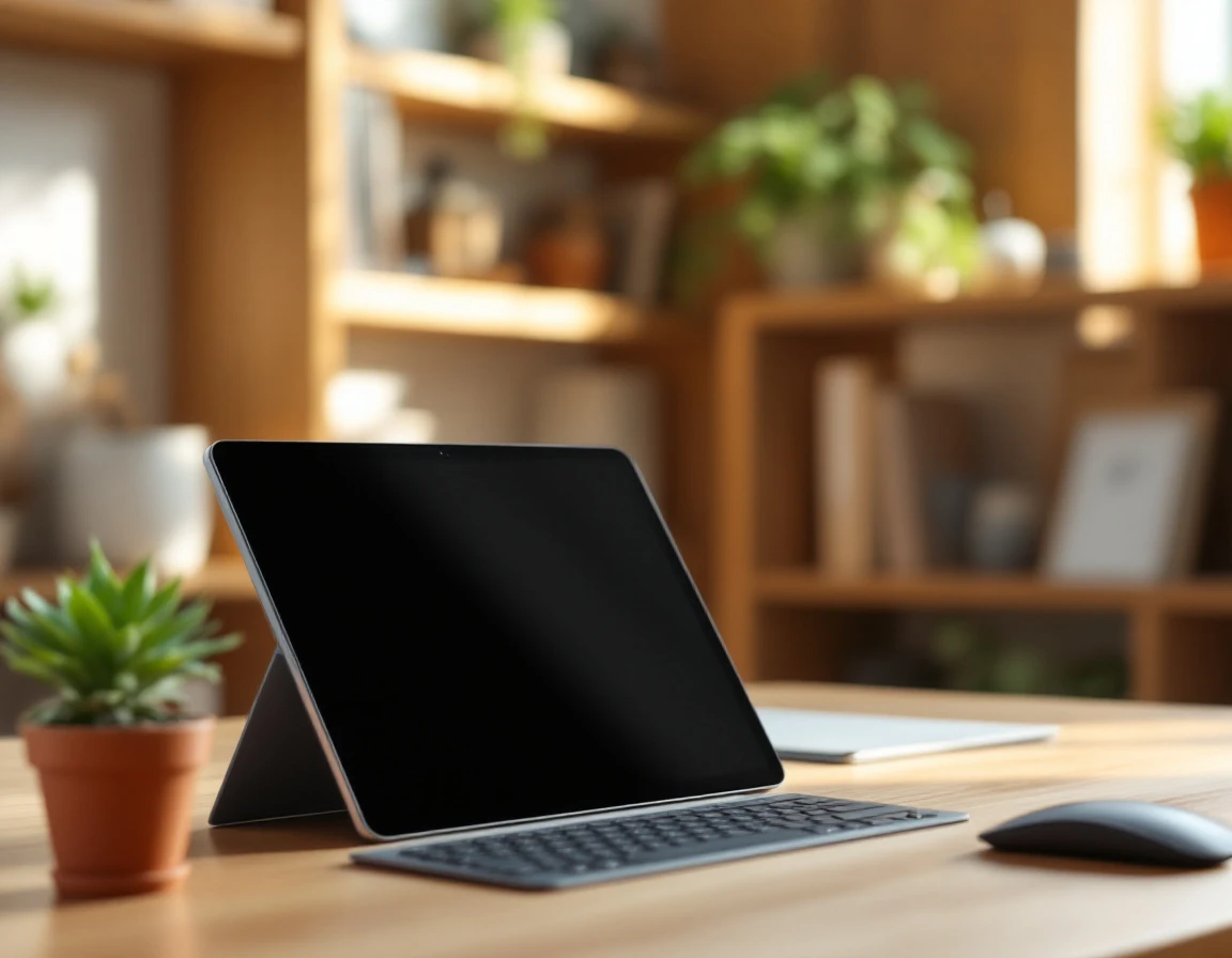 Tablet device and workspace tools on wooden desk with blurred office background