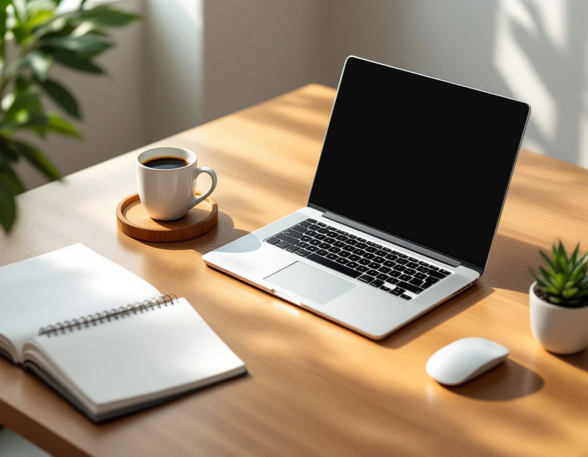 Clean minimalist office desk with laptop, notepad, and coffee mug in natural morning light