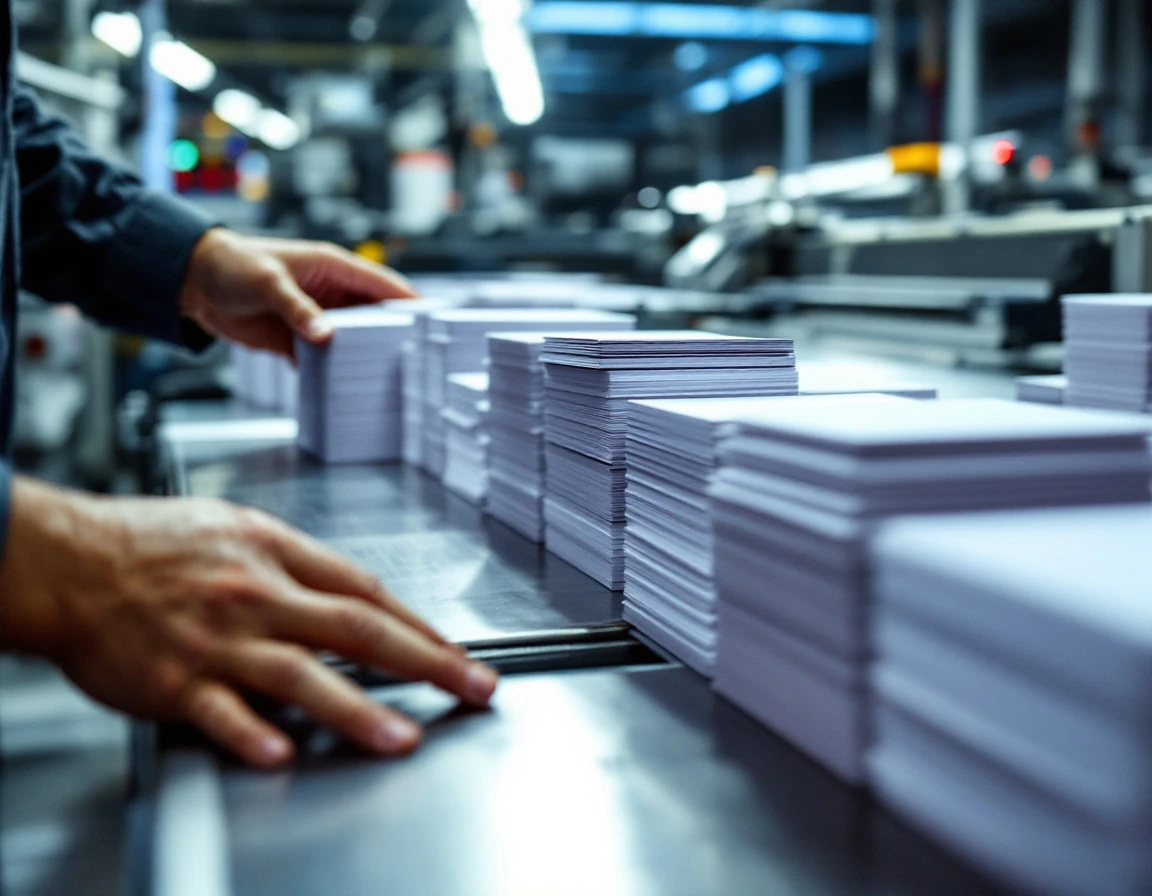 Business cards moving through commercial printing equipment during same-day production cycle