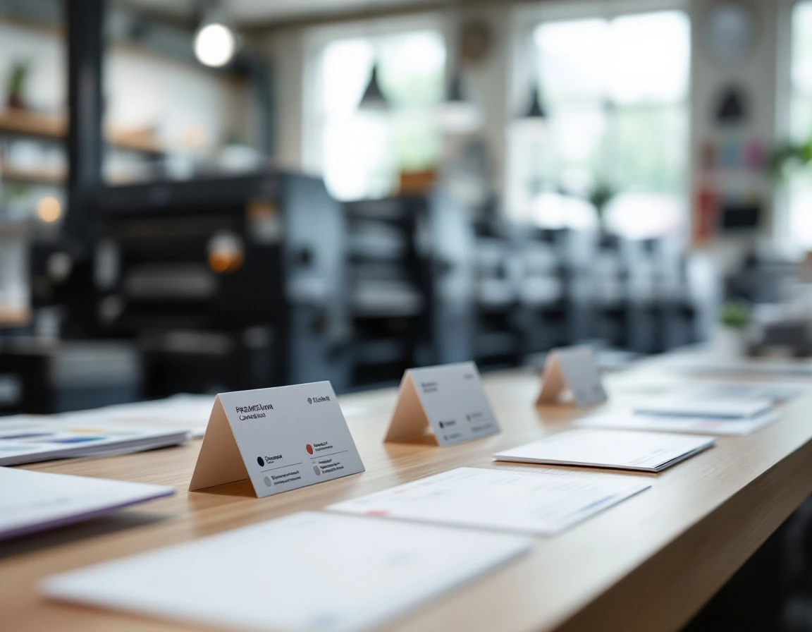 Business cards and color swatches on print shop counter with commercial printing press in background
