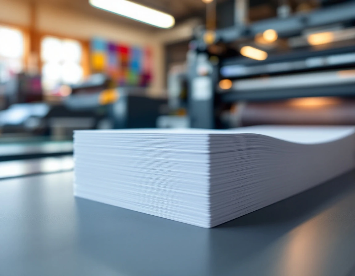 Freshly printed business cards stacked on a digital press showing precise color registration and crisp edges