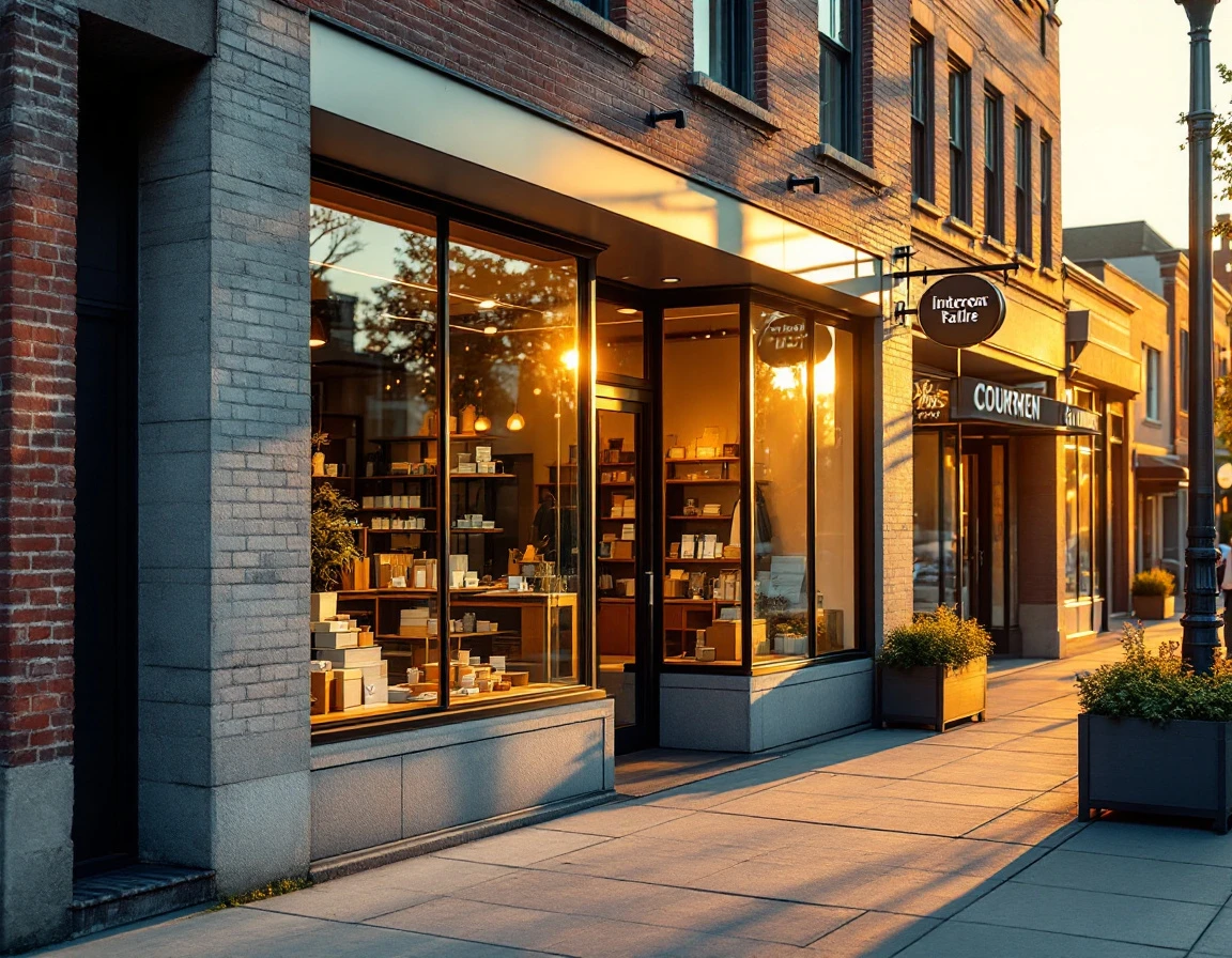 Modern independent retail storefront with organized window displays at sunset
