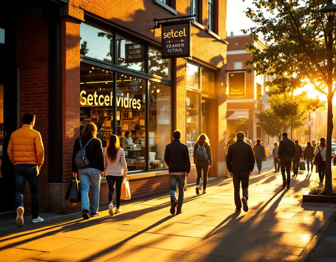 Independent retail storefront with large windows and brick facade during golden hour shopping time