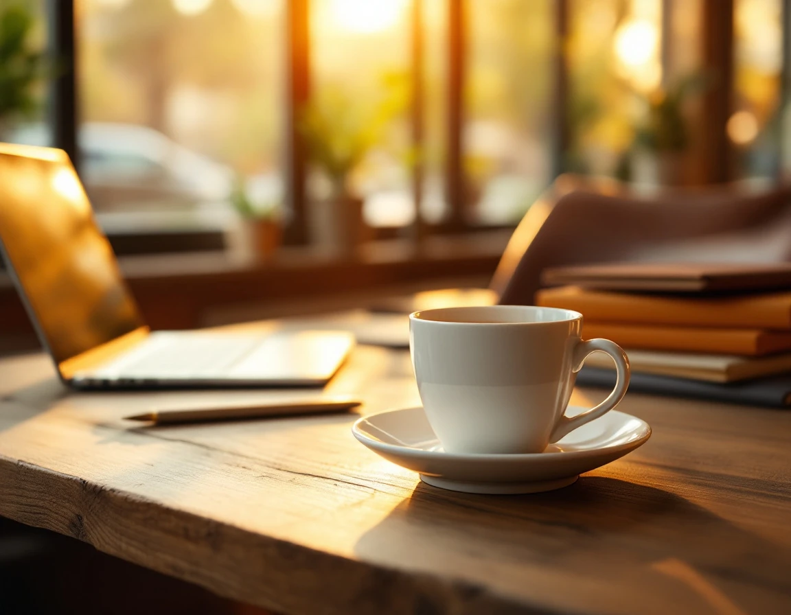 Coffee cup on wooden table in bright café workspace with laptop and folders in soft focus background