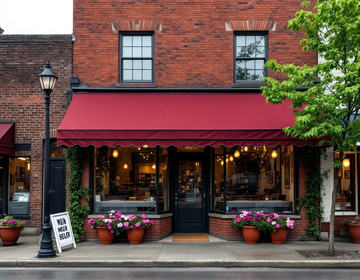 Brick storefront with burgundy awning and flower planters on quiet Main Street morning