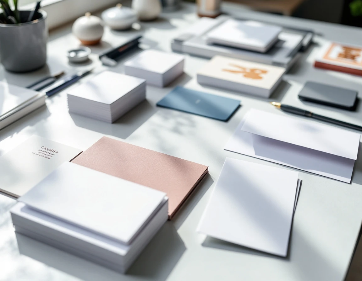 Print shop workspace displaying bundled service materials including business cards, paper samples, and finishing options