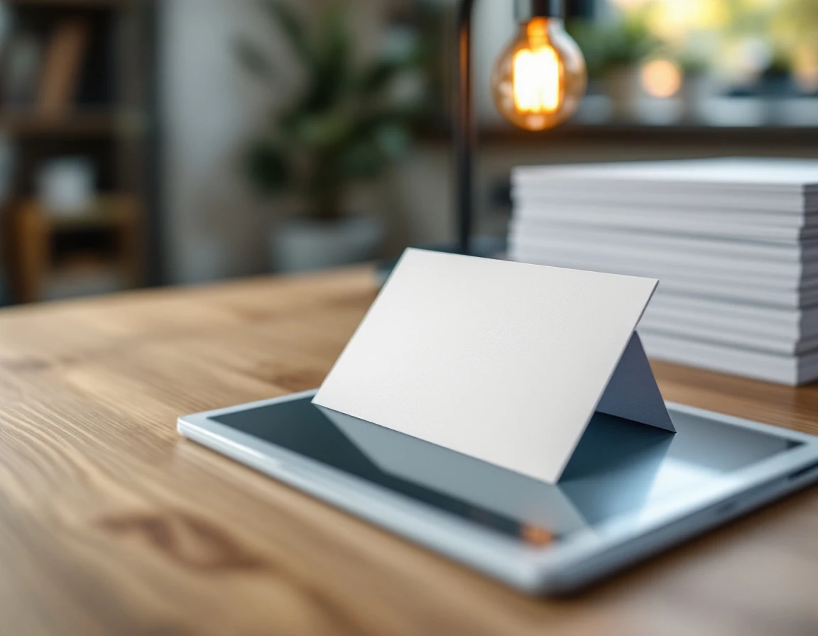 Modern print shop workspace with premium paper samples and POS tablet on wooden desk