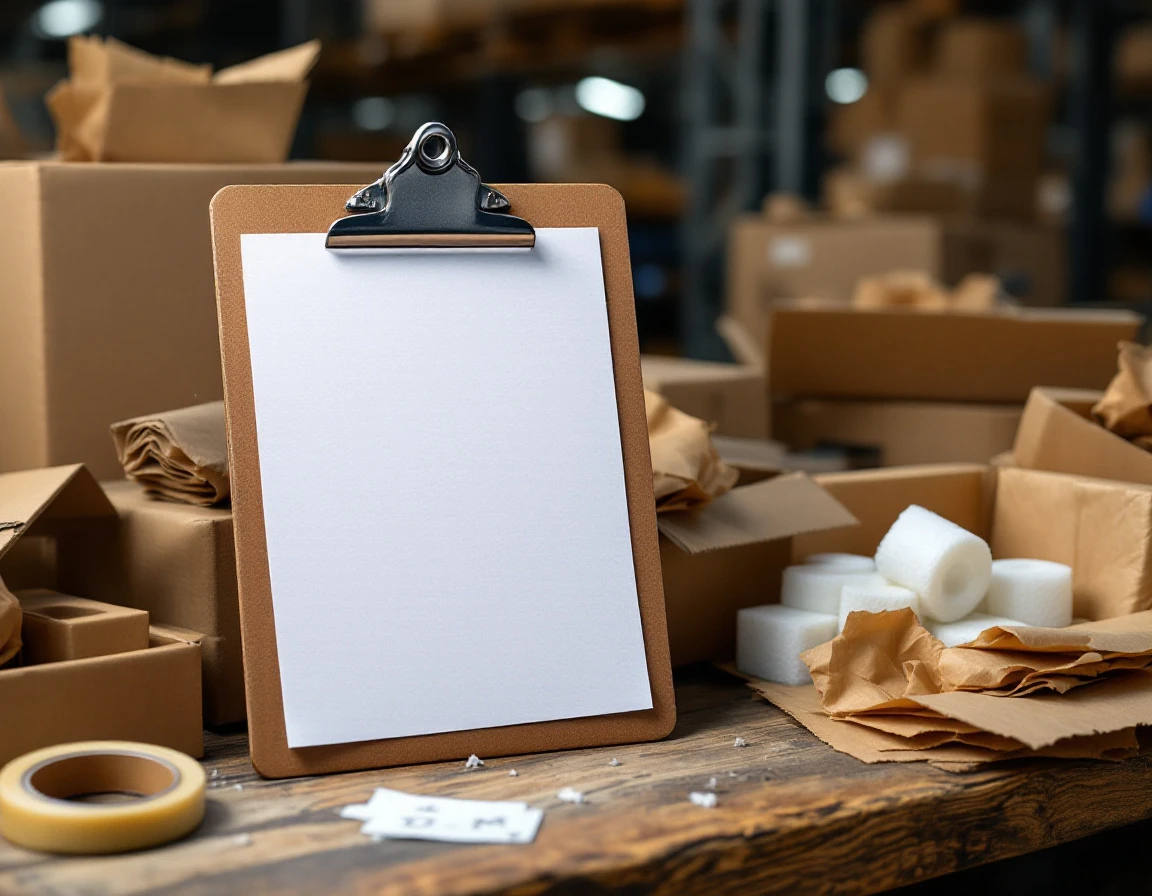 Warehouse workbench with clipboard, blank shipping label, and packing materials in pack-and-ship facility