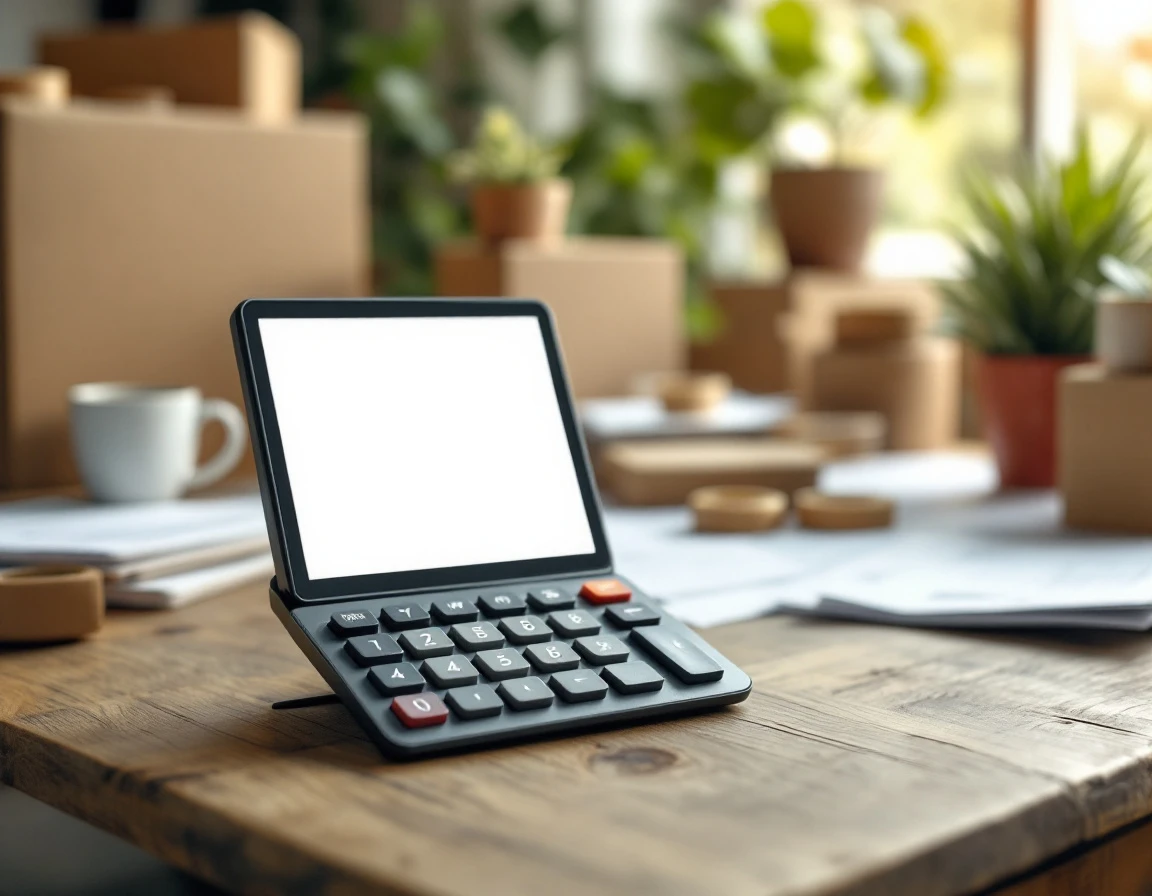 Calculator on wooden desk with shipping boxes and business materials in logistics workspace