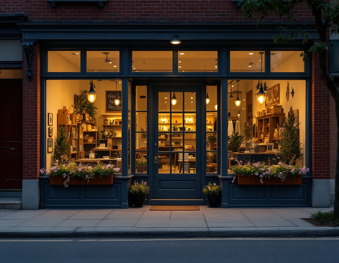 Independent retail storefront with flower boxes at dusk showing warm interior lighting through unmarked display windows