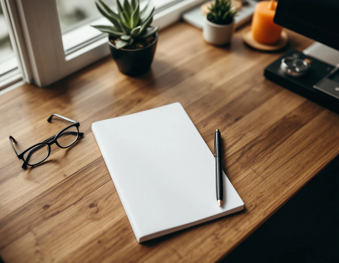 Clean wooden desk workspace with blank notebook and pen in natural window light