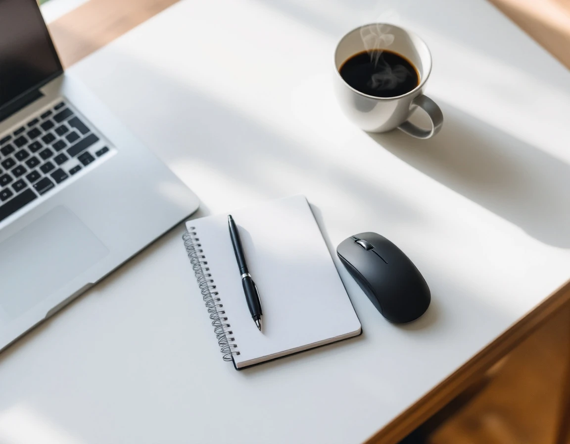 Organized workspace desk with laptop and coffee showing streamlined small business operations