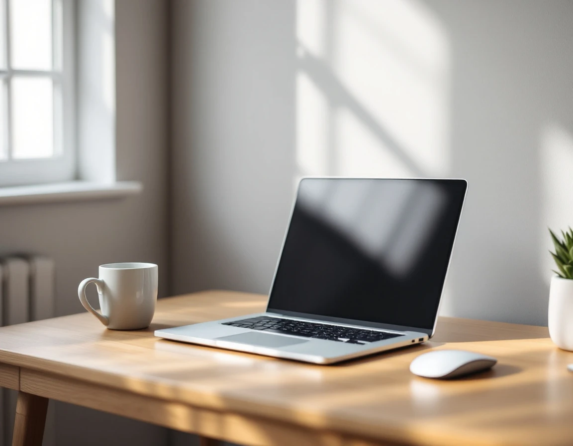 Clean modern workspace with closed laptop, notebook, and office accessories on wooden desk