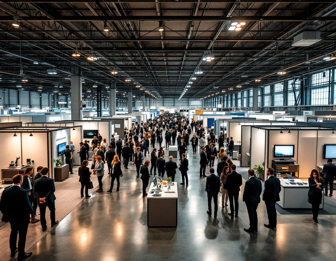 Busy trade show floor with print industry professionals networking between modern exhibition booths