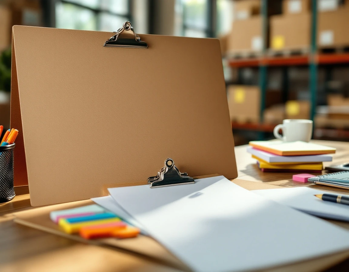 Planning workspace with blank organizational materials and warehouse shelving for seasonal staffing preparation