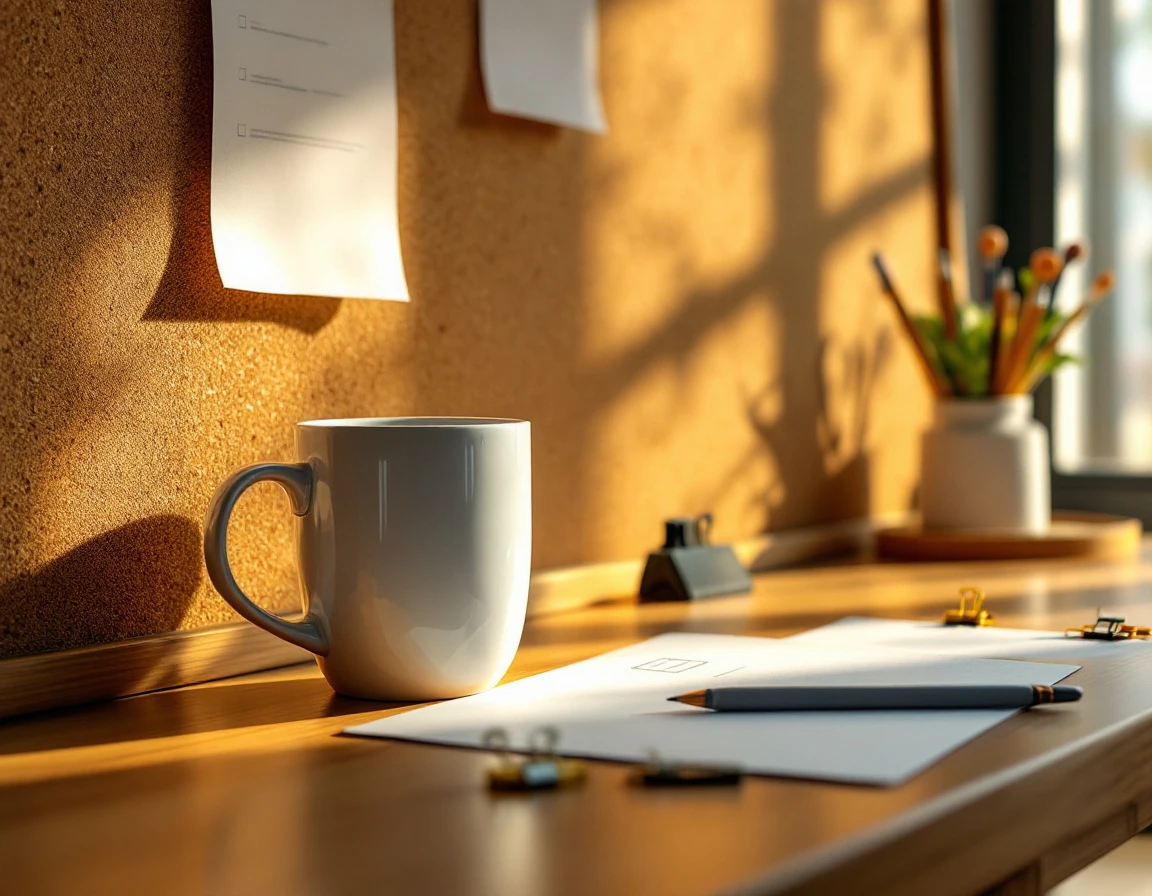 Close-up of office desk workspace with coffee mug, pencils, and papers during golden hour planning session