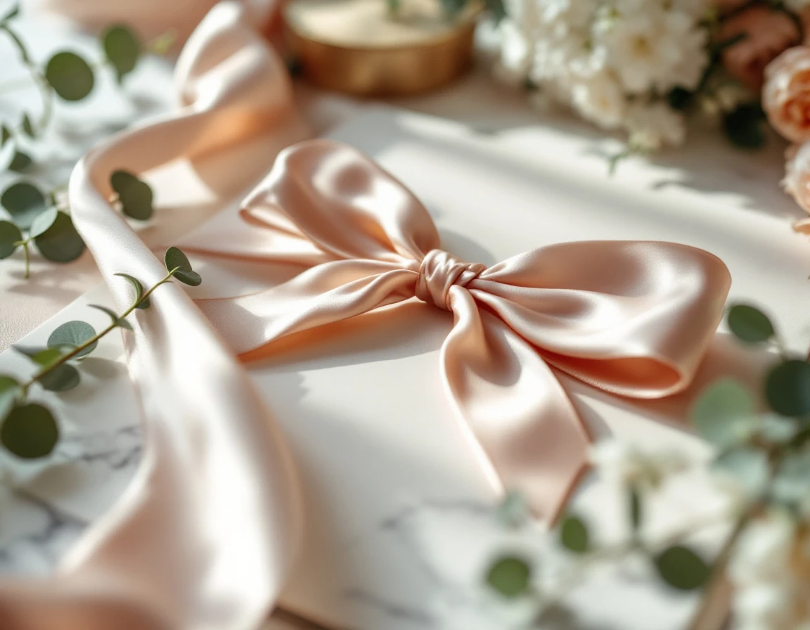 Luxury wedding invitation stationery with pink ribbon and eucalyptus on marble surface