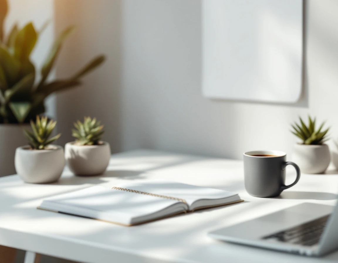 Minimalist desk workspace with blank planner, laptop, and potted plants in natural morning light