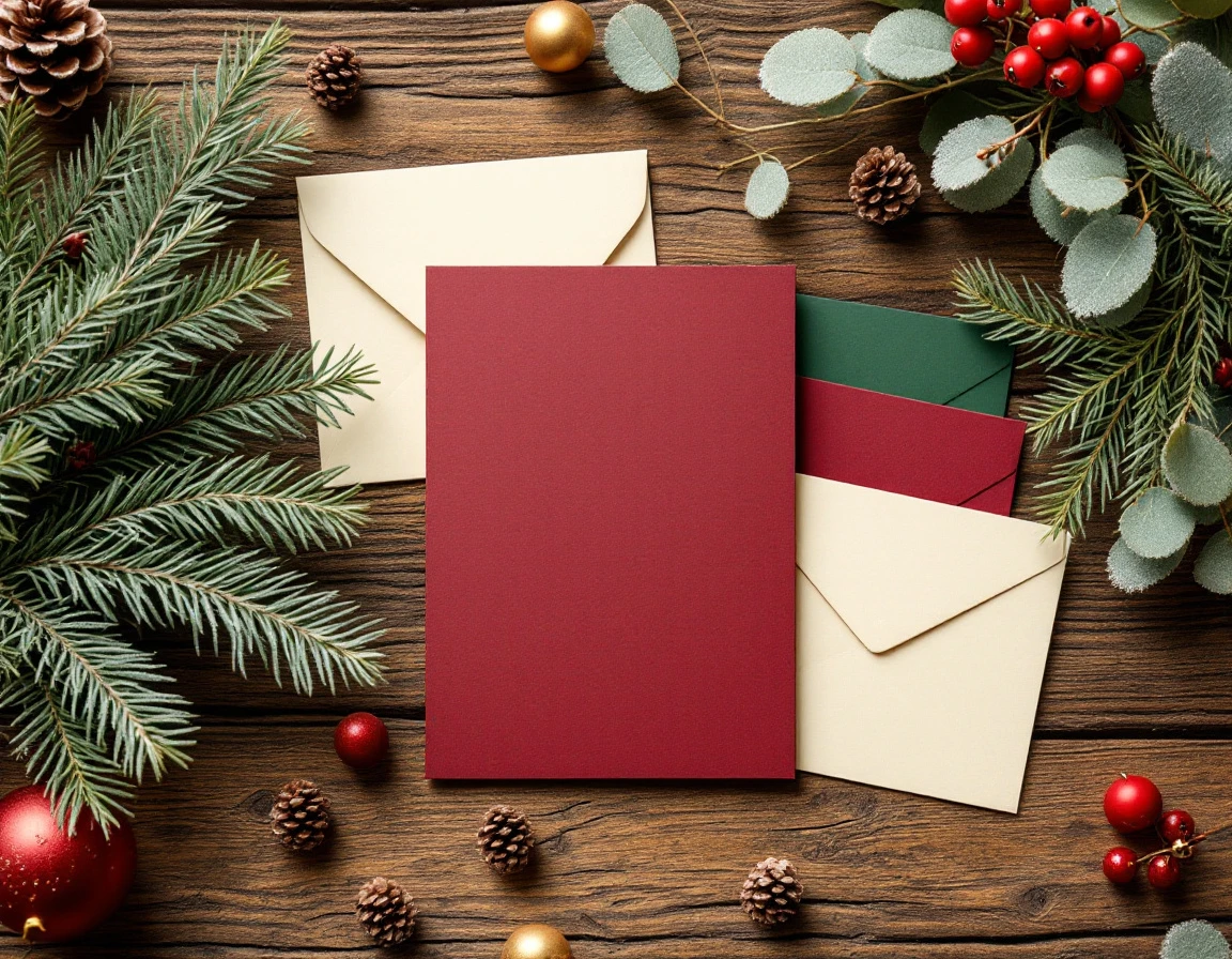 Blank holiday cards and gift tags in burgundy and forest green arranged with pinecones and evergreen branches