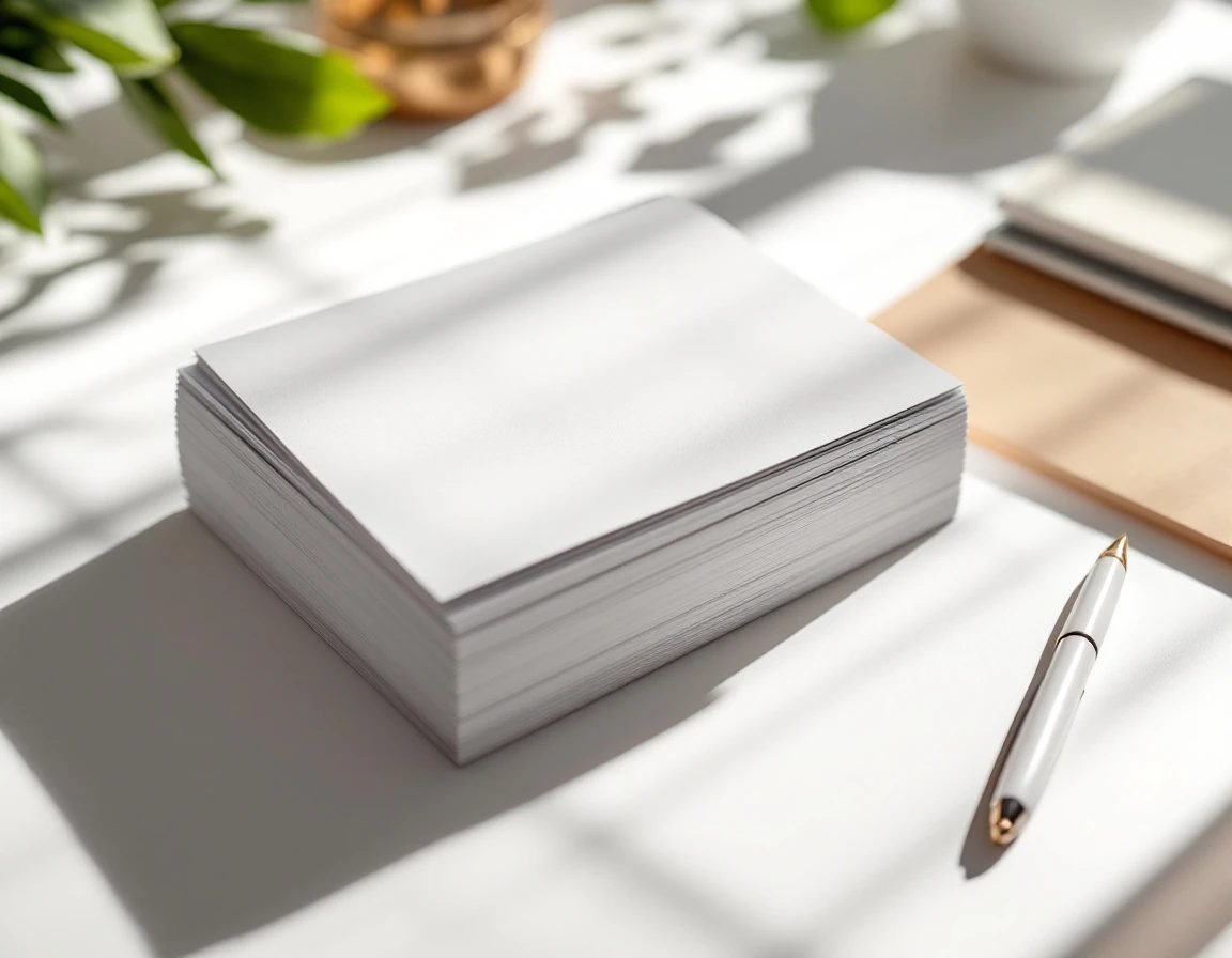 Stack of custom printed holiday cards on white desk with natural office lighting