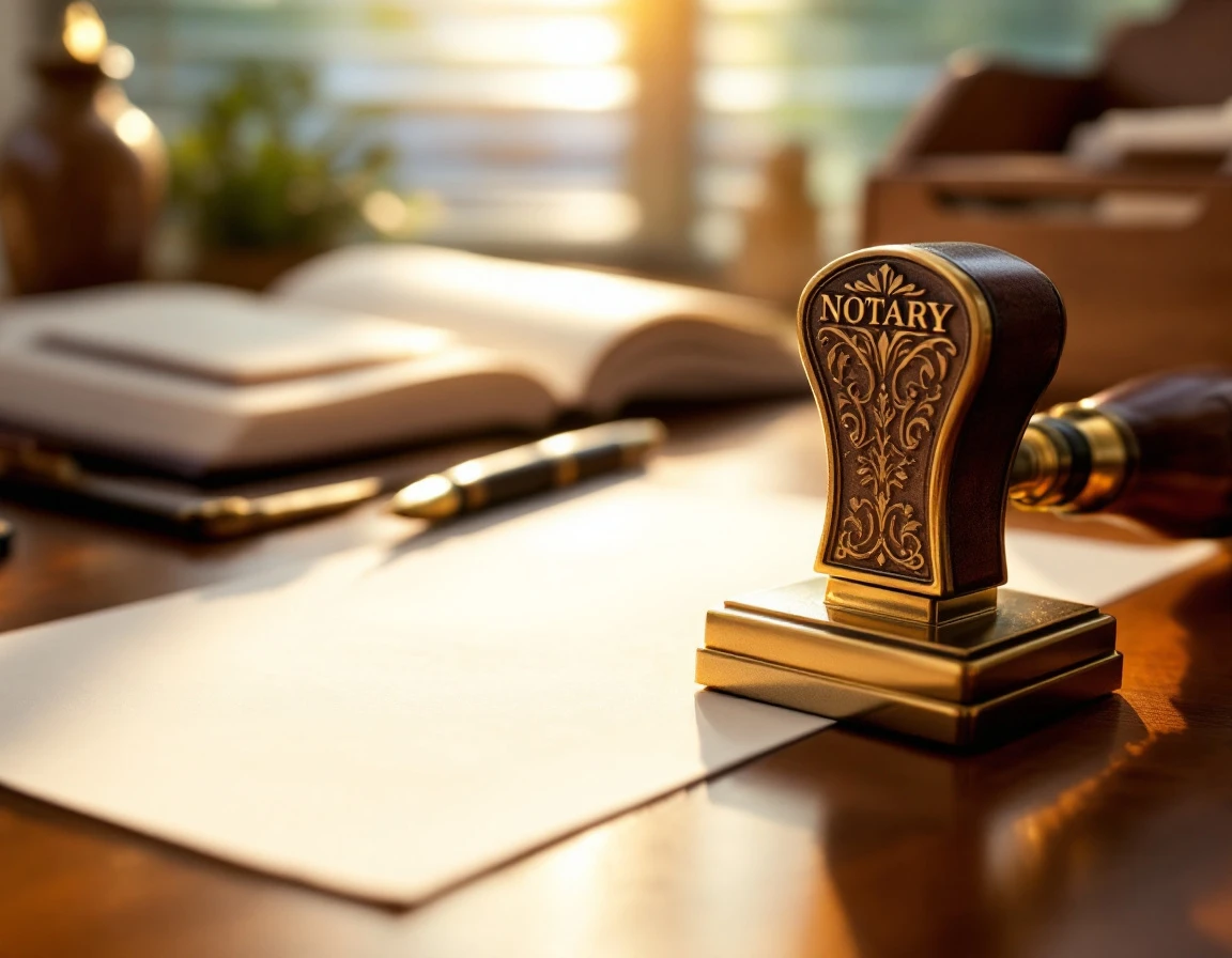 Professional notary embosser stamp and supplies on wooden desk with warm natural lighting