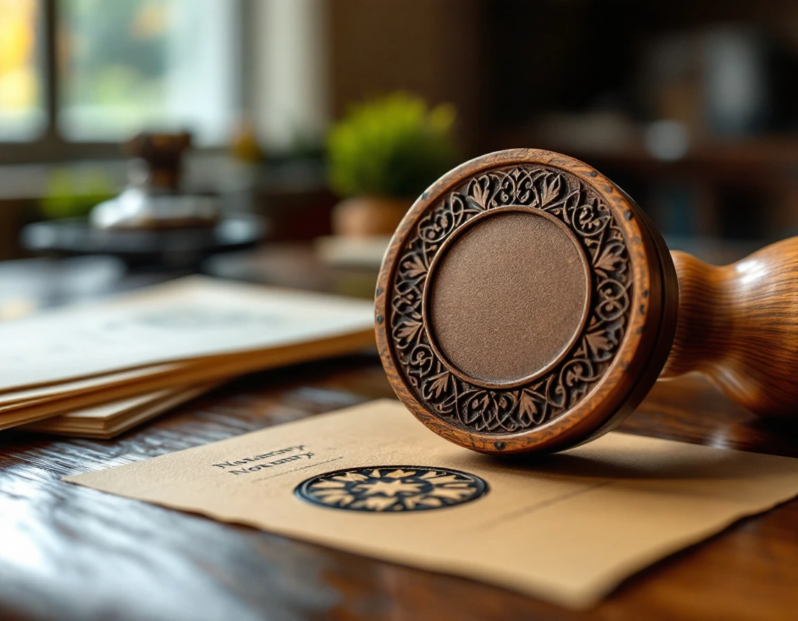 Blank notary embosser and decorative stamp on wooden desk with legal documents
