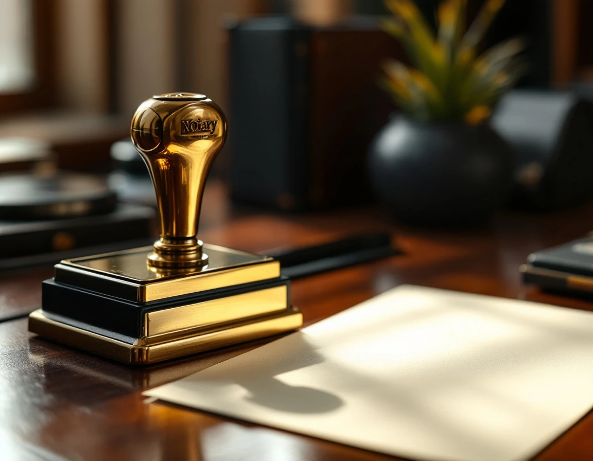 Notary embosser stamp and official supplies on wooden desk with natural lighting