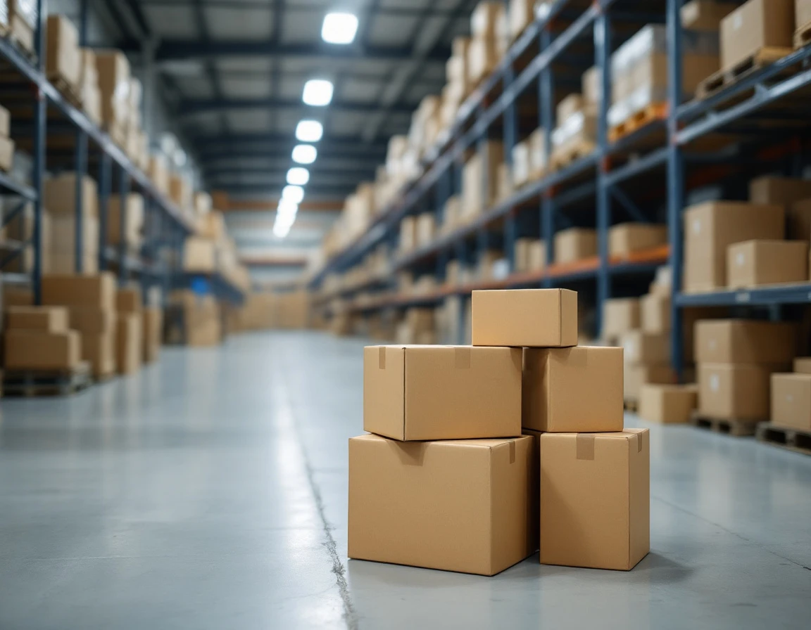 Stacked cardboard shipping boxes on warehouse shelving ready for USPS, UPS, and FedEx pickup