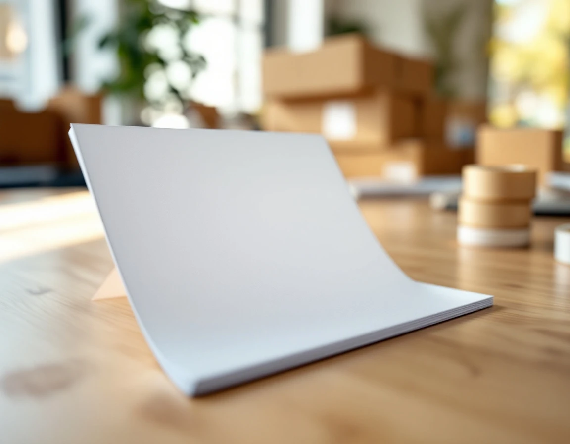 Printed shipping reference card on office desk with packaging materials in background