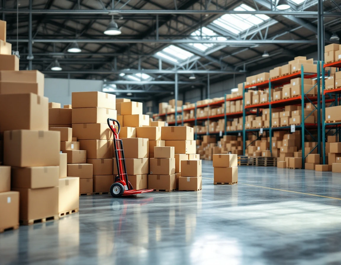 Organized stacks of packages in warehouse sorting area during holiday shipping season