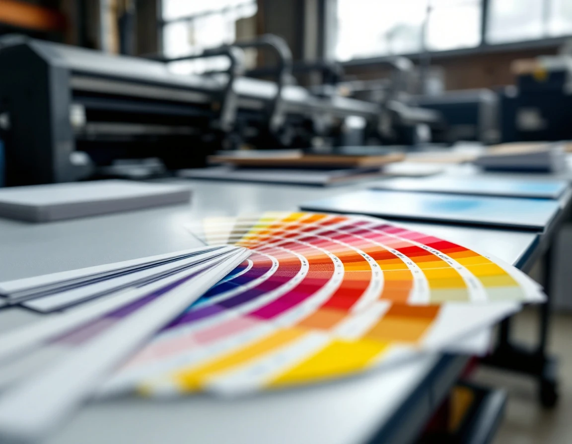 Professional print shop color swatches and paper samples on calibration workstation