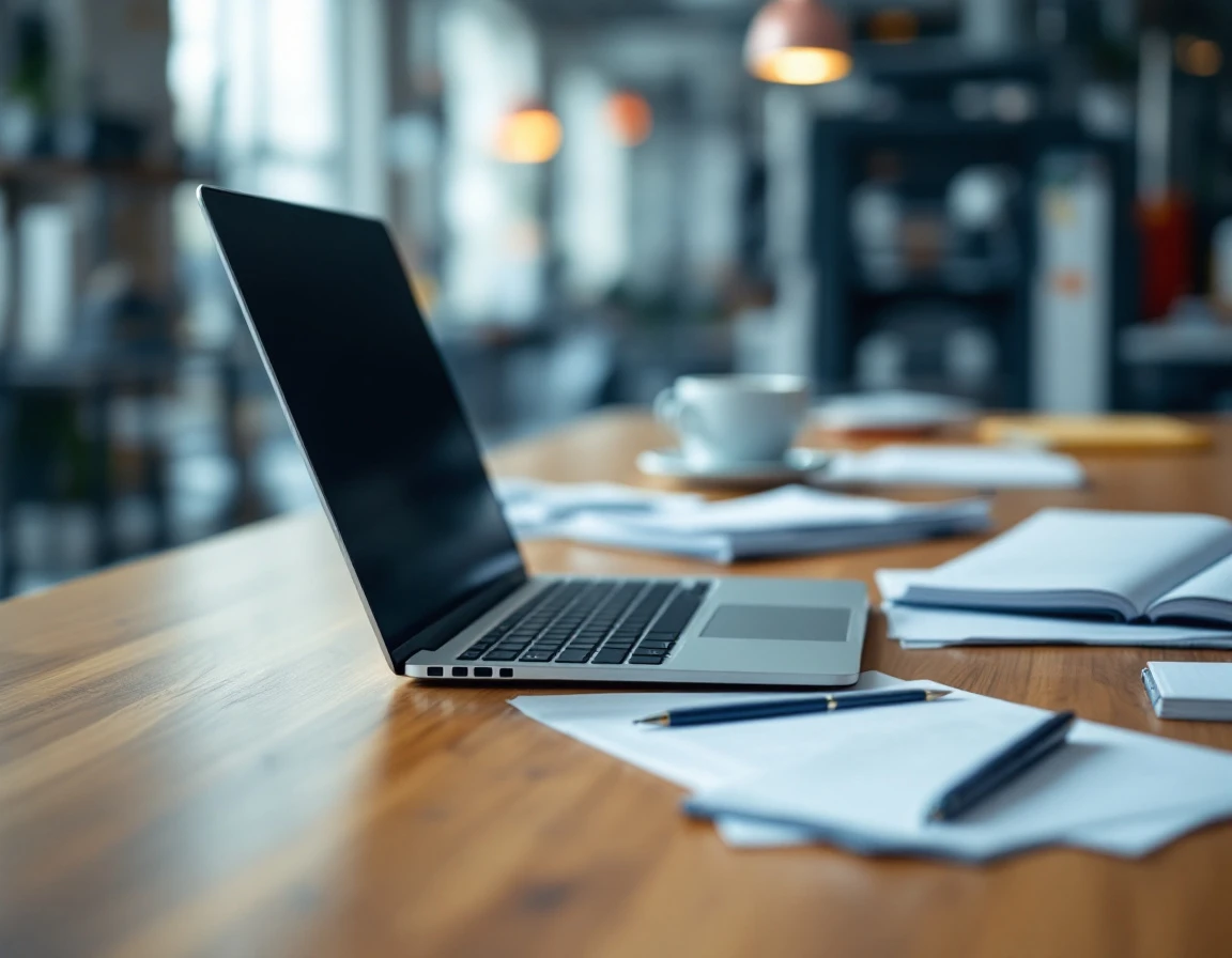 Office desk with laptop, notepad, and papers with print shop equipment visible in soft focus background