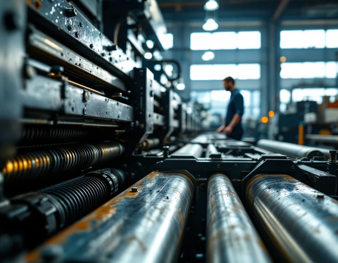 Industrial printing press machinery showing detailed metal components and worn textures in modern printing facility
