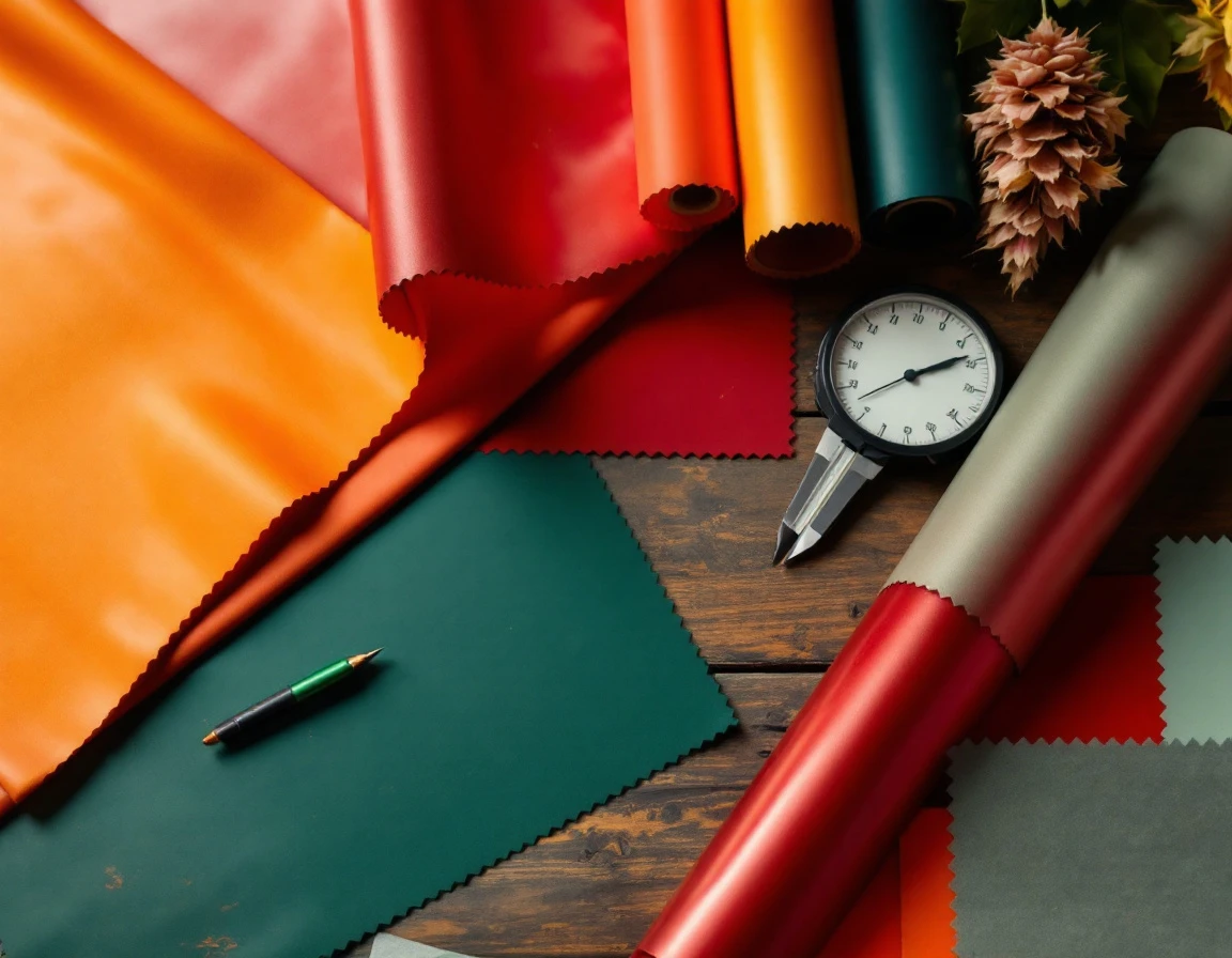 Print shop work table with seasonal vinyl materials, cutting tools, and color swatches for trade show season