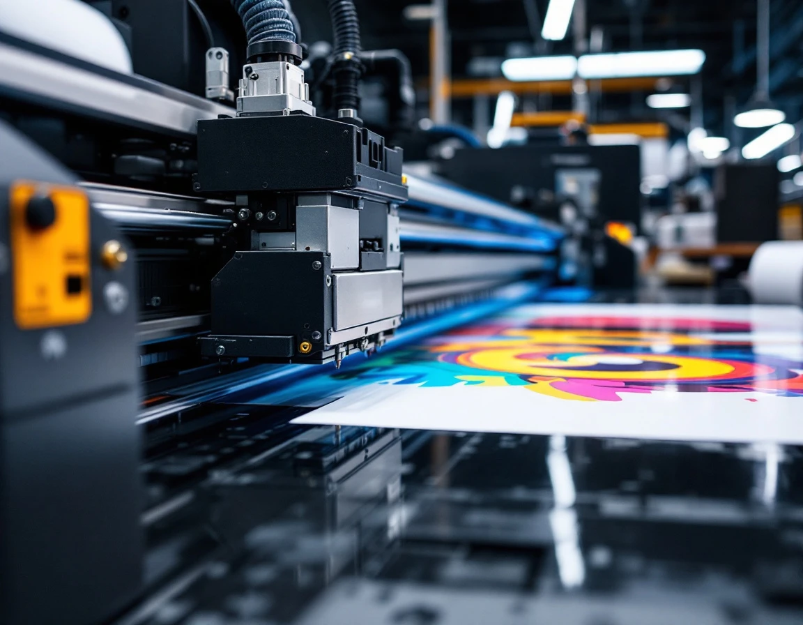 Large-format printing press with print head depositing ink onto vinyl substrate in professional sign production facility