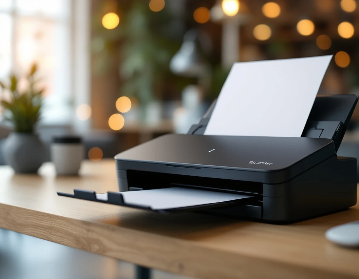 Compact document scanner on office desk processing paper in professional business environment