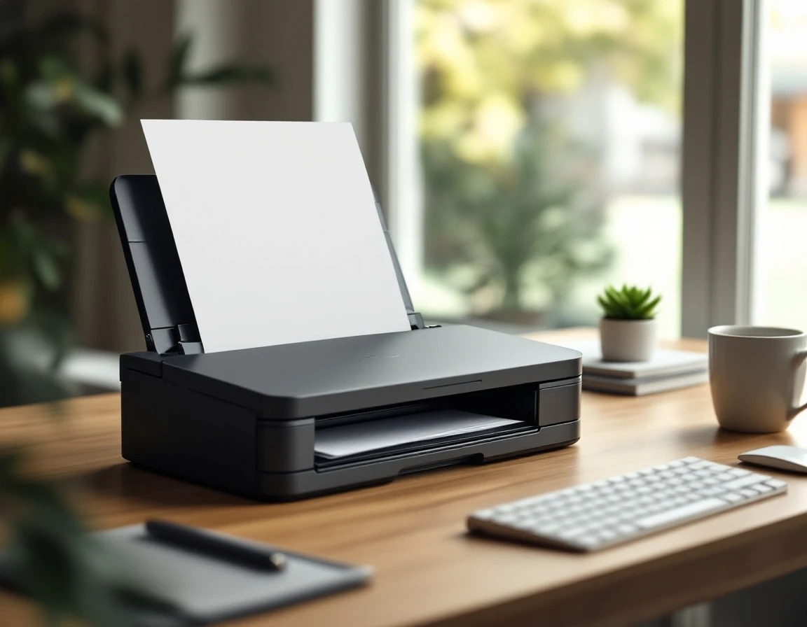 Modern document scanner on office desk with blank paper ready for digital conversion workflow