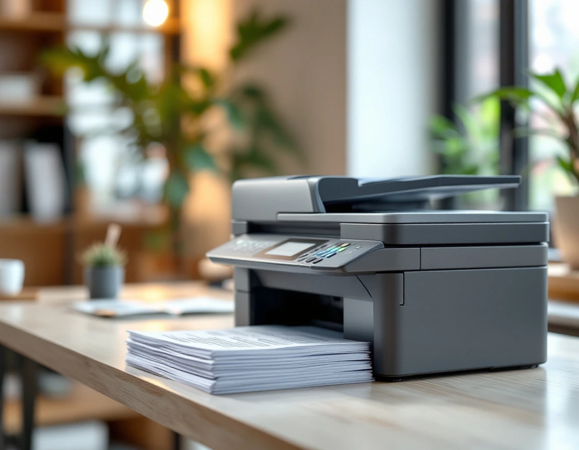 Professional multifunction scanner on office desk with stack of scanned documents in natural lighting