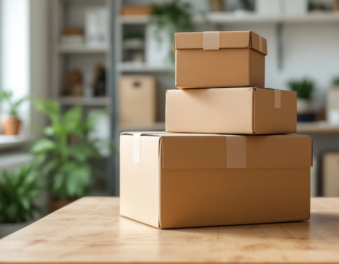 Cardboard shipping boxes on wooden desk in small business office with natural window lighting