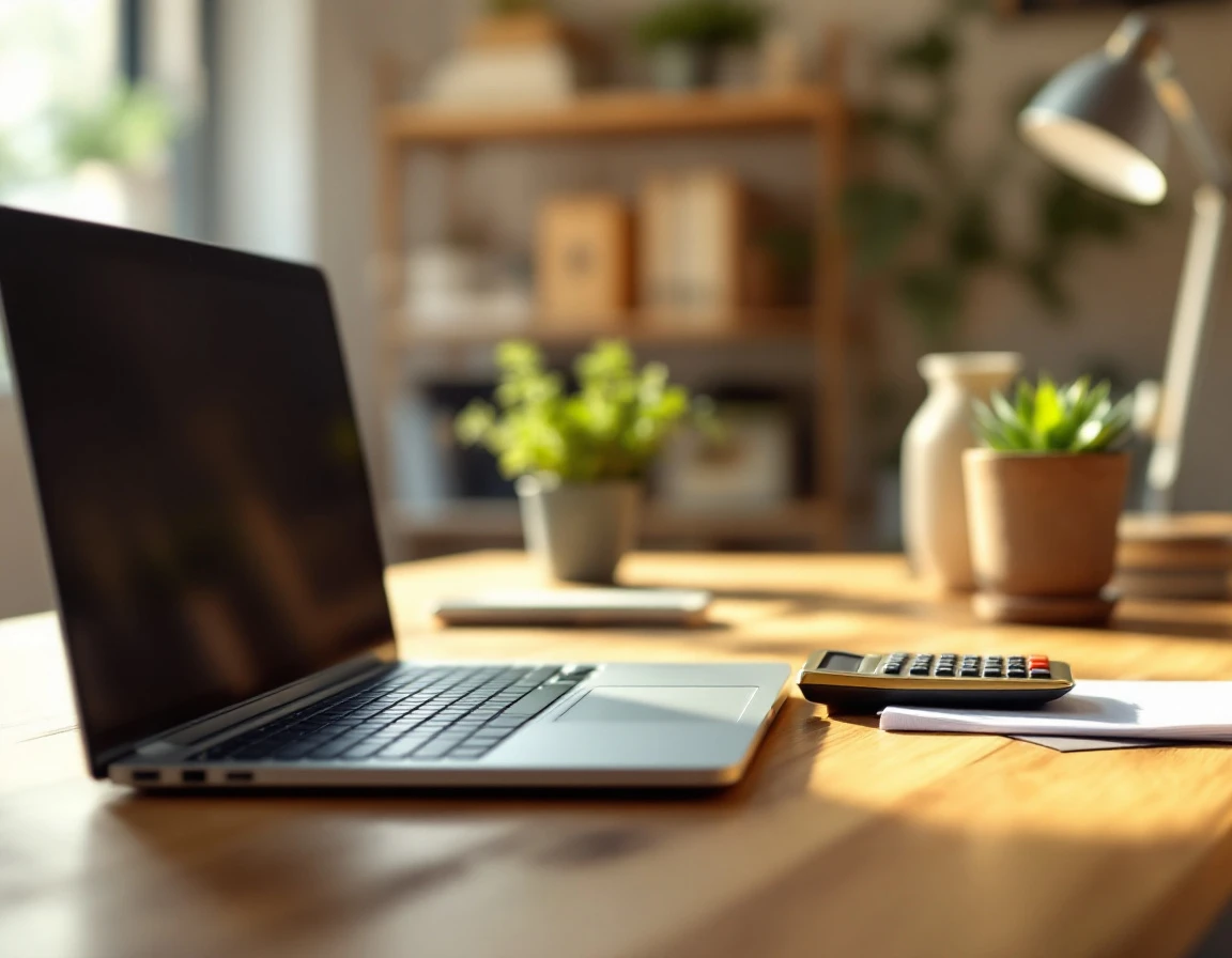 Organized desk with calculator and closed laptop in small business back office with natural lighting